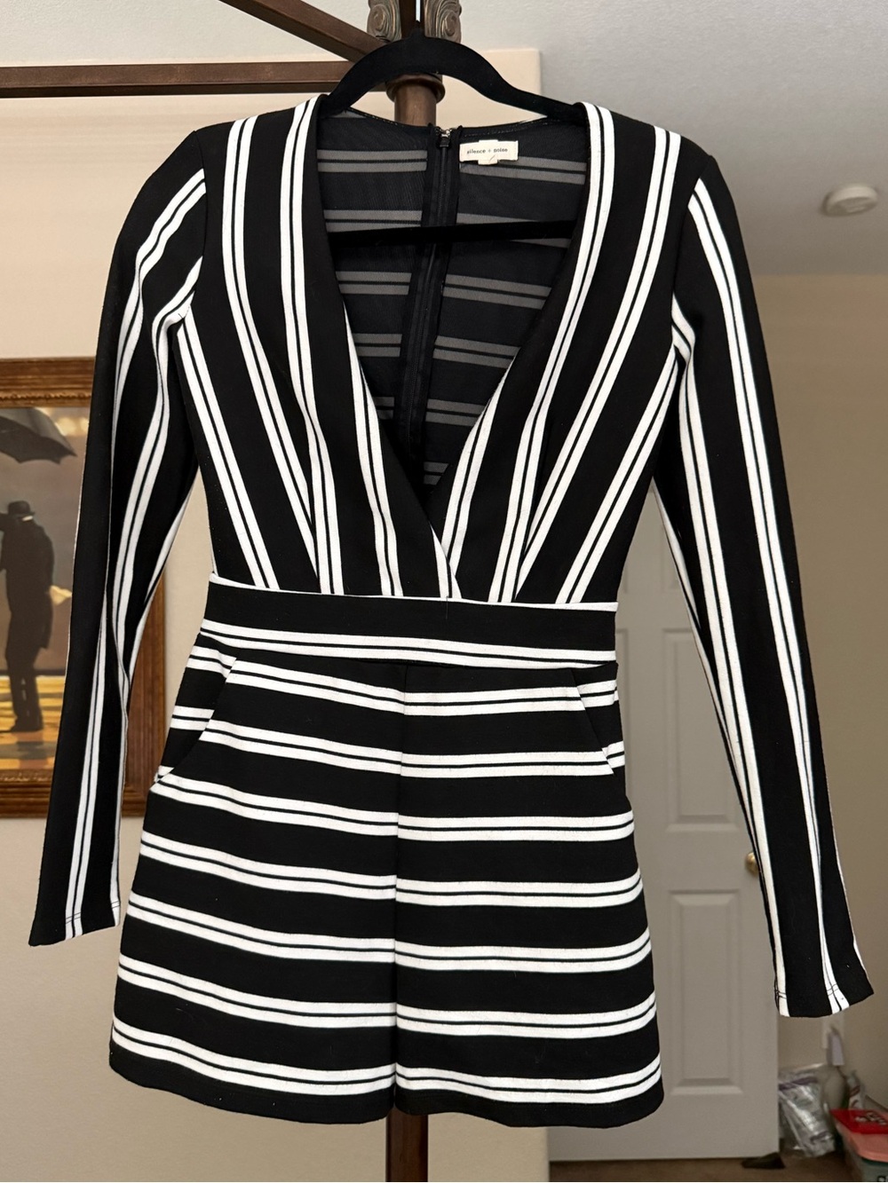 silence + noise Black and White Striped Long Sleeve V-Neck Romper Dress